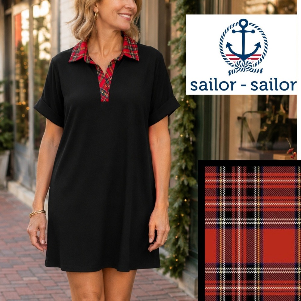 Sailor Sailor, Polo Dress Plaid Collar Black Red Shift Tulip Cuff Size Large